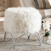 Baxton Studio FJ5A-013-White/Silver-Otto Celia Modern and Contemporary White Faux Fur Upholstered Silver Metal Ottoman